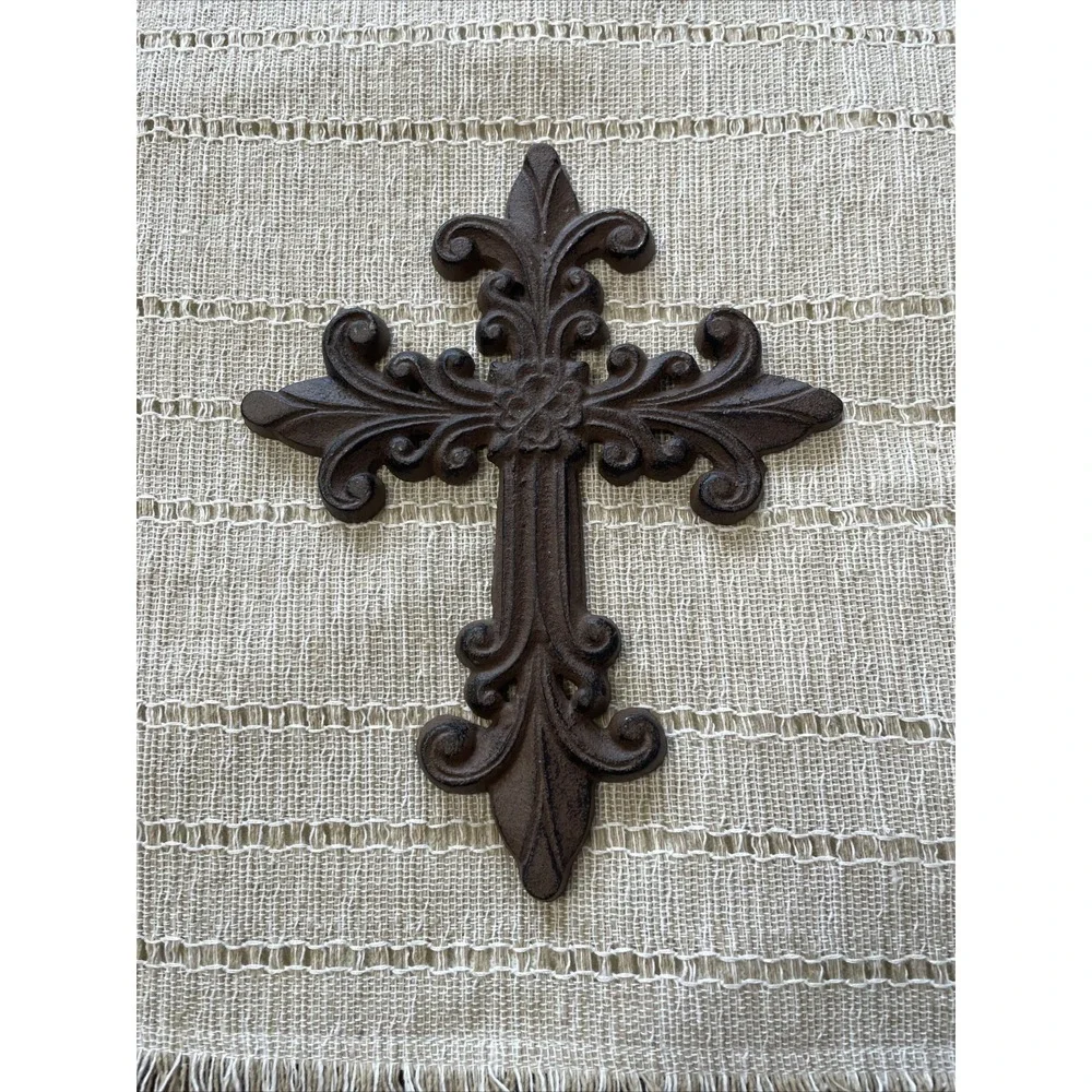 VTG Cast Iron 9 Inch Ornate Wall Mount Christian Cross‎